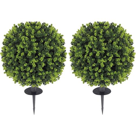 Lot de 2 Boules de Buis Artificiel 40 cm Plante Topiaire avec Piquet Décoration Intérieur Extérieur Vert (1/5)
