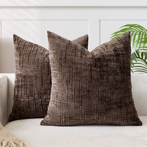Lot de 2 housses de coussin 40 x 40 cm en chenille douce, marron, pour canapé et salon. (1/5)