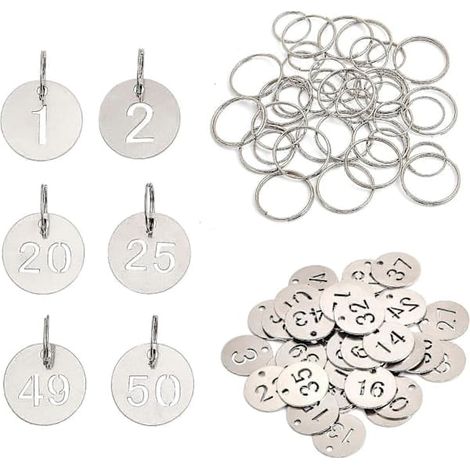 50 étiquettes numérotées rondes en acier inoxydable avec 50 porte-clés (1-50) (1/5)