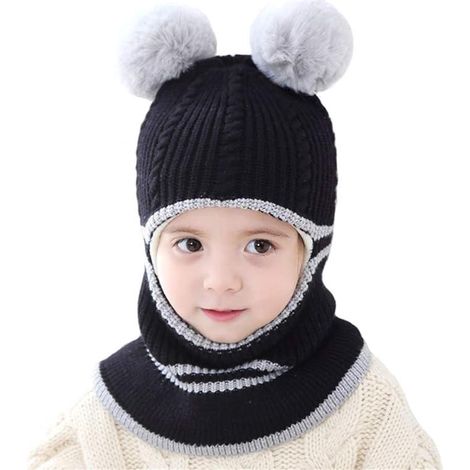 Cache-col noir tricoté pour bébé fille garçon, bonnet et écharpe 2-en-1, cagoule douce et chaude, couverture visage mignonne, hiver, taille unique, confortable. (1/3)