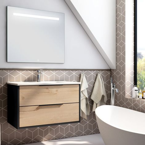 Meuble de salle de bain simple vasque - 1 façade et 2 tiroirs - ALBA et miroir STAM - 80cm (1/3)