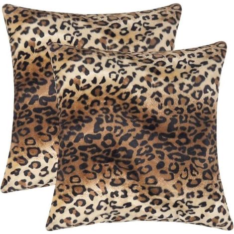 Lot de 2 taies de coussin décoratives en simili fourrure motif léopard pour canapé et intérieur, housses élégantes pour oreillers de décoration. (1/4)