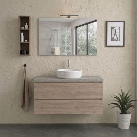 Meuble Salle De Bain Suspendu 100 Cm Chêne, 2 Tiroirs, Plan Béton Et Miroir 100X60 Avec Lampe Berlin (1/5)
