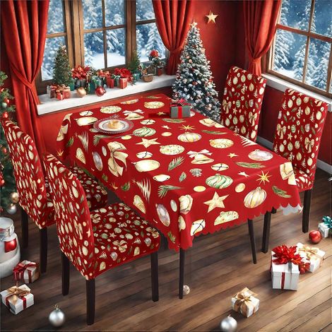 Nappe et housse de chaise de Noël neuves à motif poinsettia, en soie de lait, protection anti-poussière, référence TC-239 (140 x 210 cm).
