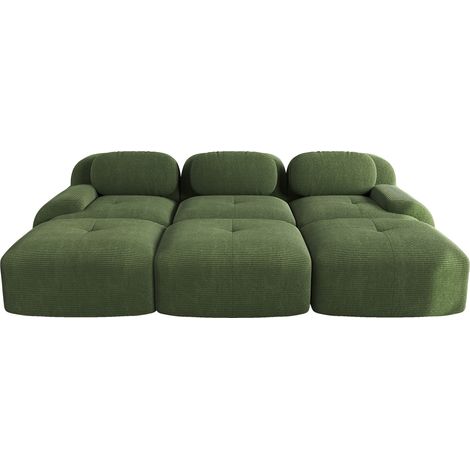 Canapé modulable 3 places en velours côtelé vert avec 3 poufs, sans cadre, livraison sans assemblage (1/5)