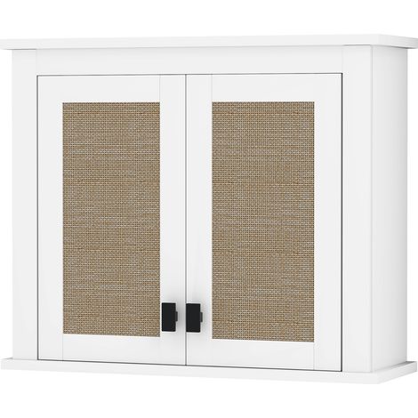 Armoire murale salle de bain suspendue 2 portes rotin PE étagère ajustable 60x19.5x49.4 cm blanc (1/5)