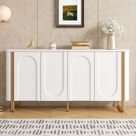 Credenza madia bianca 160x35x80.5 cm - mobile soggiorno moderno in mdf con 4 ante rilievo ad arco angoli arrotondati push-to-open e piedini in metallo (1/5)