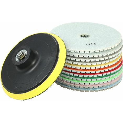Disque diamant pour meuleuse 11 pièces 4 pouces diamant tampons de polissage humides disque de meulage + 1 tampon de support pour granit marbre pierre carreaux de céramique béton, (1/3)
