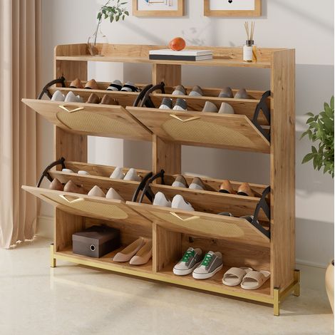 Scarpiera 108,5x24x100 cm color legno in MDF con ante effetto rattan e ripiano superiore salvaspazio (1/5)
