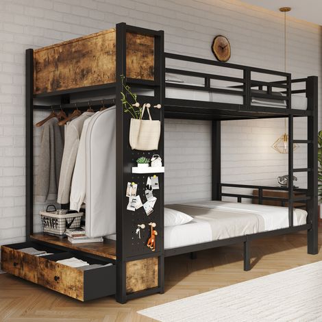 Lit superposé 120x200 cm en métal et bois noir, avec rangement pour chambre FloraGrace (1/5)