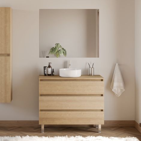 Meuble de salle de bain 100cm avec plateau et vasque à poser ronde - 3 tiroirs - nebraska (chêne clair) - MAYOR
