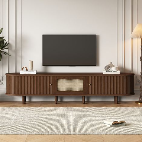 Meuble TV ovale noyer/rotin 180cm, MDF, pieds réglables, 30kg de charge, design salon élégant (1/5)