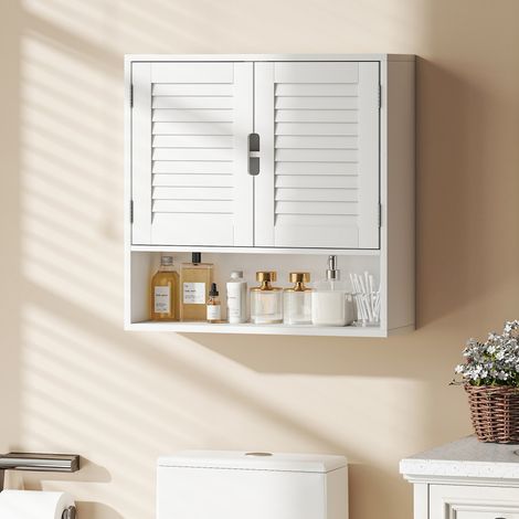 Armoire murale de salle de bain avec porte à lattes, étagère réglable et compartiment ouvert, 60x20x60cm, blanc (1/5)