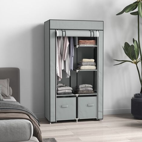 Armoire en tissu gain de place avec penderie et 5 étagères, fermeture zippée, coloris gris clair (1/5)
