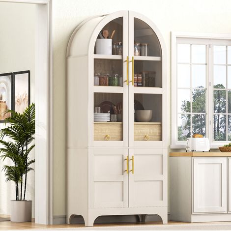 Aparador cocina 76x40x180 cm, con cajón y estantes ajustables, cristal acanalado, MDF y vidrio blanco (1/5)