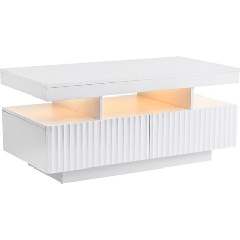 Table basse 100 x 50 x 45 cm en panneau de particules blanche avec 2 tiroirs et bande LED intégrée (1/5)