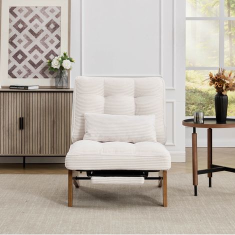 Loungesessel 127x73x90 cm beige aus Cord mit verstellbarer Rückenlehne, Lendenkissen und Massivholzbeinen (1/5)