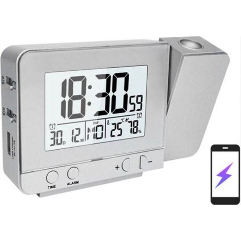 Réveil projecteur LED avec thermomètre, hygromètre, USB et rotation 180° – intensité réglable (1/5)