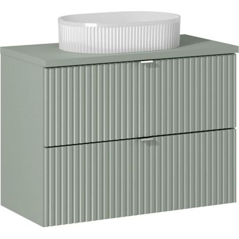 Set ELVINA 80cm: Unterschrank mit Schubladen + Arbeitsplatte für salbeigrün-graues Waschbecken + gerilltes weißes Aufsatzwaschbecken