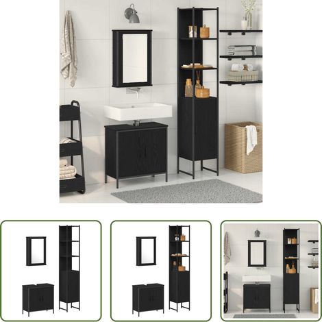 vidaXL Miroir plan -  Ensemble de mobilier de salle de bain avec étagère 3 pcs Noir (1/5)