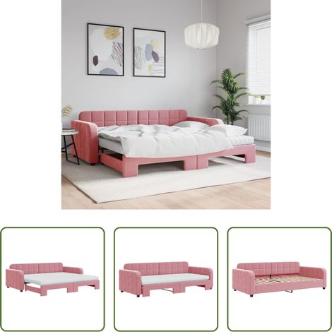 vidaXL Lit gigogne - Lit de jour avec gigogne et matelas rose 90x200 cm velours (1/5)