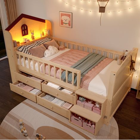 Letto semi-alto per bambini stile casetta in pino naturale 90x200 cm con testiera a finestra, 4 cassetti, scala contenitore e LED (1/5)
