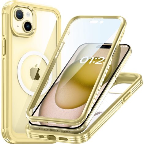 Funda para iPhone 15, protección completa blindada de 360° para MagSafe, protector de pantalla de cristal, amarilla.