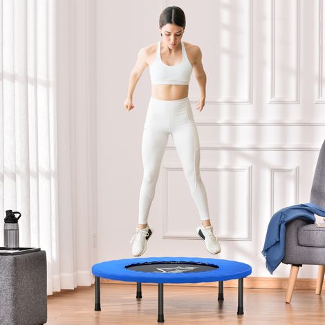 HOMCOM Fitness-Trampolin, Ø 81 cm, Stahltrampolin mit Schutzrand und 28 Federn für drinnen und draußen, 100 kg Belastbarkeit, 81 x 81 x 22,5 cm, Schwarz und Blau