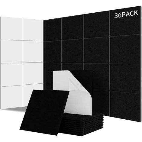 Lot de 36 panneaux acoustiques carrés autocollants Isolation phonique efficace Couverture 3.24㎡ haute densité (230kg/m³) NRC 0.95 –Pour murs et portes,salle de jeux, Noir (1/5)