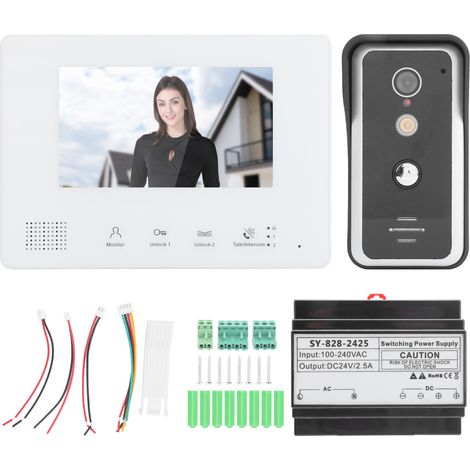 Kit interphone vidéo avec visiophone, vision nocturne, système 2 fils, moniteur 7 pouces, caméra, 100-240V (1/5)