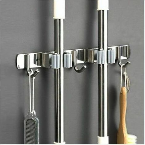 Porte Balai Mural - Accroche Balai En Acier Inoxydable, Support Cintre De Rangement Pour Cuisine, Garage, Buanderie (2 Emplacements Et 3 Crochets) (1/5)