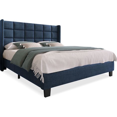 Letto Matrimoniale 140 x 200 cm con Testiera Imbottita, senza Materasso, in Lino, Blu (1/5)