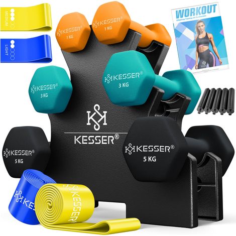 KESSER® Hantel-Set, 3 Paar 12kg oder 18kg Kurzhanteln mit Ständer für Fitnessstudio, Krafttraining Hantelset mit Übungsheft, 2x Fitnessbänder