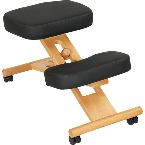 Chaise Ergonomique Posturale avec Repose-genoux et Roulettes, en Bois de Caoutchouc, Noir (1/5)