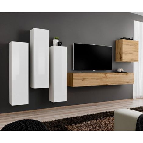 Meuble TV Mural Design "Switch III" 330cm Blanc & Naturel (1/4)