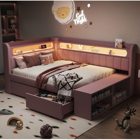 lit chambre rangement 90x200 LED USB rose OKMYHOME (1/5)
