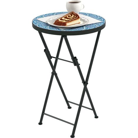 Table ronde pliable pour terrasse avec plateau en céramique à motif mosaïque bleu et cadre métallique (1/5)