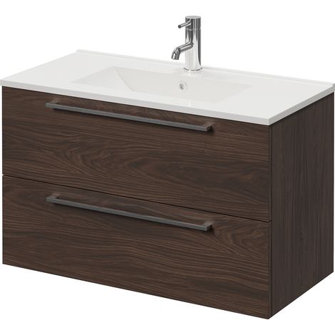 Napoli 390 Brown Oak 800mm Wall Mounted 2 Drawer Vanity Unit with Angel Basin - 800mm - Chrome 480mm Handle