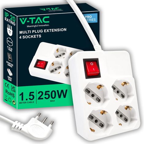 V-TAC Multipresa Elettrica 4 Posti con Interruttore e Cavo 1,5mt - 4 Prese Frontali 10/16A Bipasso Schuko - Ciabatta Quadrata - Presa per Casa, Ufficio, Negozio - Spina 16A (1/5)