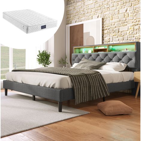 DESVIAE Lit double rembourré avec tête de lit de rangement LED sommier à lattes en bois matelas à ressorts 140 x 200 cm gris (1/5)