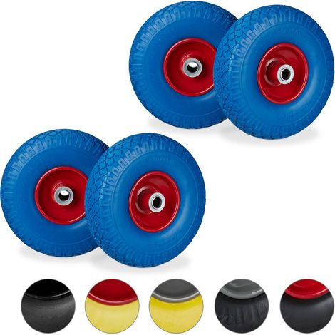 4x Ruedas de carretilla, Neumáticos de goma, 3.00-4, Eje de 20mm, Hasta 100 kg, 260x85 mm, Azul y rojo