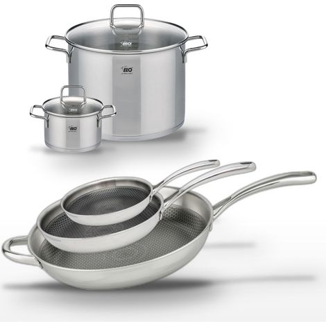 Lot de 3 Poêles Elo Relief Evolution 24/28/32 cm et 2 Faitouts 16/26 cm (1/5)