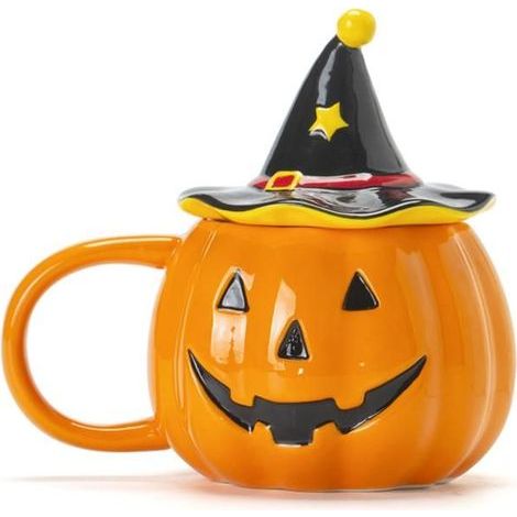 Cute pumpkin mug lantern with lid, perfect for Halloween decor, parties, and gifts.