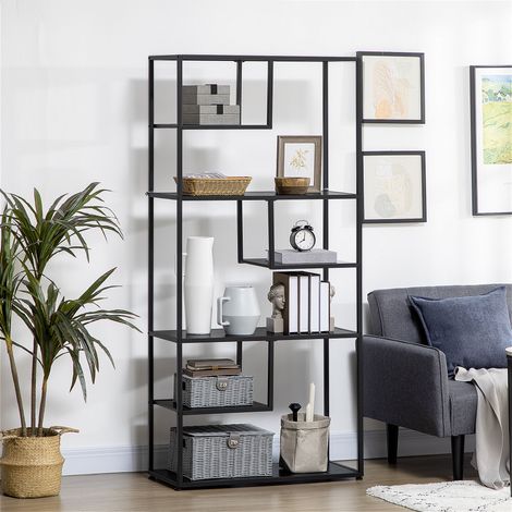 Étagère de stockage en acier noir 7 étagères 83x34x180 cm bibliothèque polyvalente pour salon ou bureau (1/5)