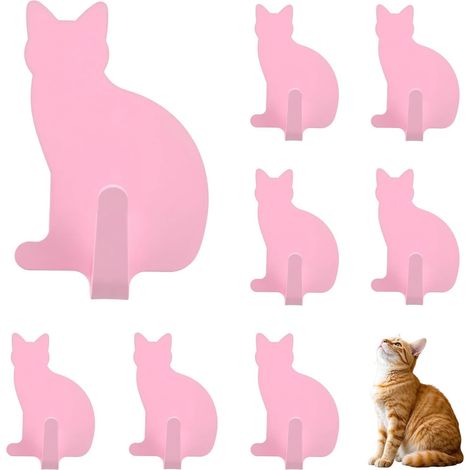 Crochets muraux adhésifs en forme de chat - Lot de 8 crochets porte-clés en acier inoxydable pour les amoureux des chats, jolis crochets décoratifs pour suspendre chapeaux, sacs, serviettes (rose)