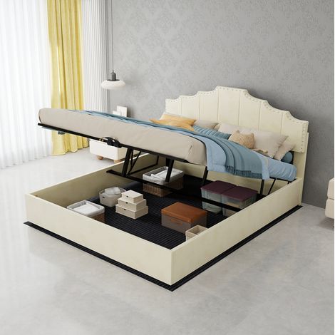 Cama canapé 160x200 con somier de láminas, cabecero acolchado, beige, con colchón DESVIAE (1/5)