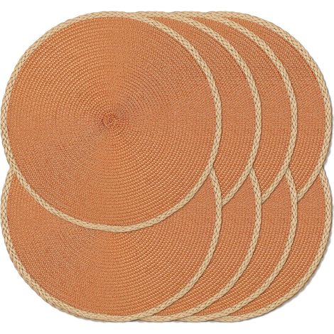 Lot de 8 Sets de Table Ronds tressés à la Main, résistants à la Chaleur, antidérapants, faciles à Nettoyer pour Cuisine, Salle à Manger, intérieur et extérieur (Orange, 8)'Bord Fin Marron, Orange Lot (1/5)