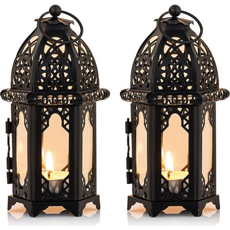 Lanterne à bougies de style marocain — petit porte-thé lumineux, fenêtres en verre transparent, adaptée pour terrasse, intérieur et extérieur, événements, fêtes et mariages — noir (1/5)