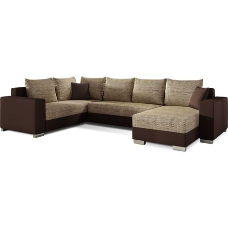 Canapé U convertible tissu beige chiné et simili marron foncé coffre de rangement à droite Marry 321cm (1/5)