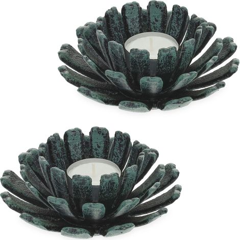 Porte-Bougies, Lot de 2, Design Fleur, bougeoir Fonte, intérieur, extérieur, HxD: 6x13,5 cm, Vert (1/5)